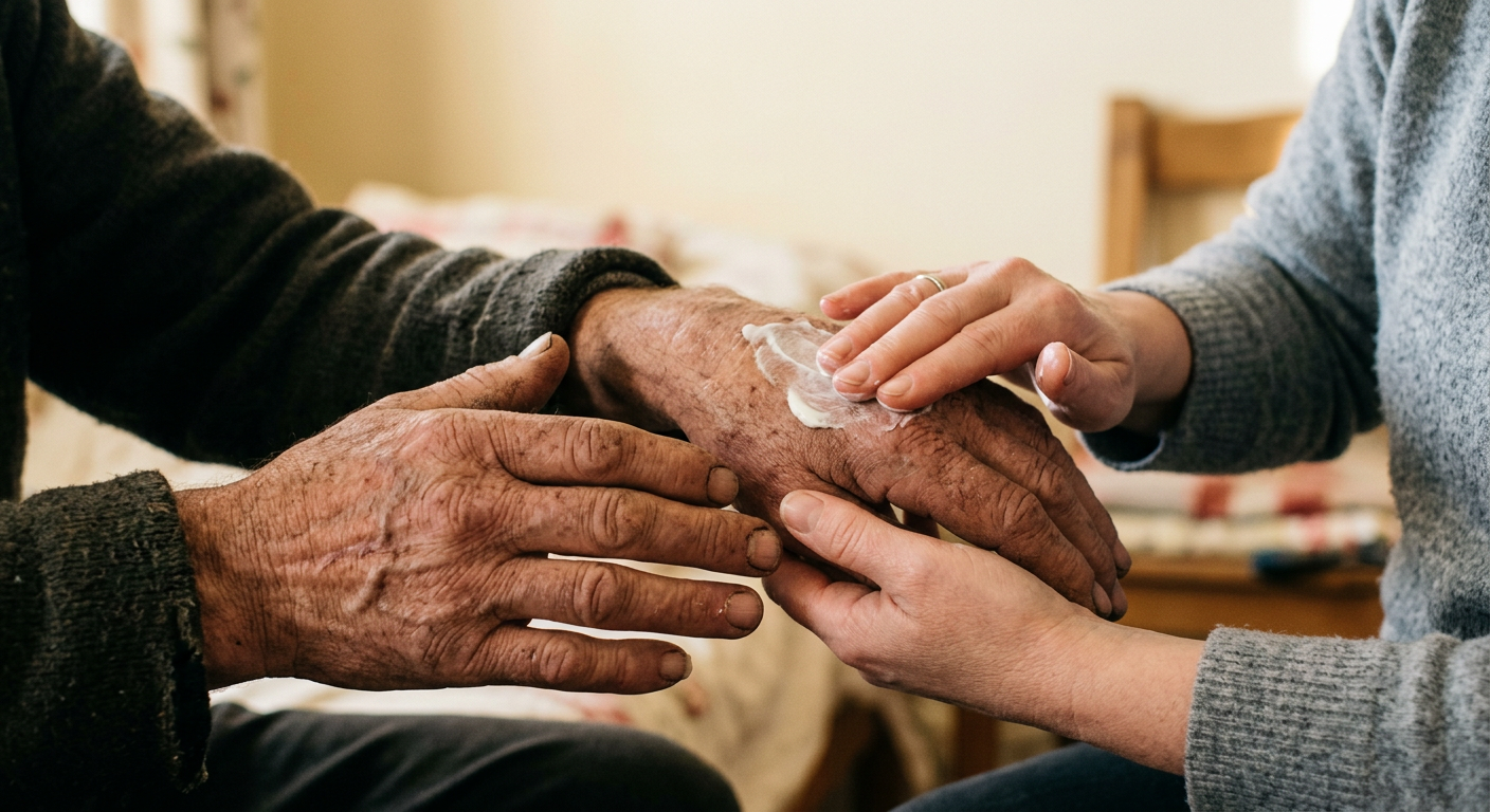 A woman's hands gently smoothing cream into a man's weathered hands